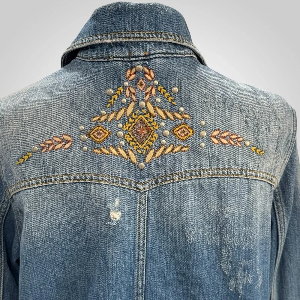 Free People Embellished Denim Shacket Oversized Western Boho Distressed Jacket - Picture 7 of 8